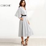 COLROVIE Women Grey Striped Contrast Belt Open Back V Neck Three Quarter Length Sleeve A Line Long Dress 