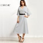 COLROVIE Women Grey Striped Contrast Belt Open Back V Neck Three Quarter Length Sleeve A Line Long Dress 