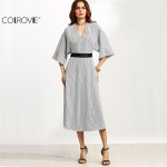 COLROVIE Women Grey Striped Contrast Belt Open Back V Neck Three Quarter Length Sleeve A Line Long Dress 