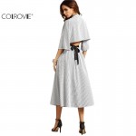 COLROVIE Women Grey Striped Contrast Belt Open Back V Neck Three Quarter Length Sleeve A Line Long Dress 