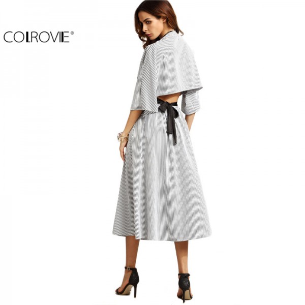 COLROVIE Women Grey Striped Contrast Belt Open Back V Neck Three Quarter Length Sleeve A Line Long Dress 