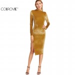 COLROVIE Women Office Dresses Korean Women Clothing Work Dress Mustard Mock Neck Split Side Velvet Sheath Dress 