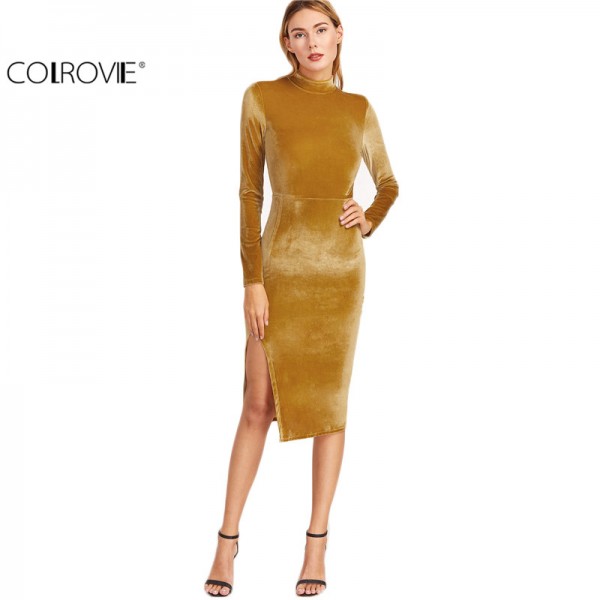 COLROVIE Women Office Dresses Korean Women Clothing Work Dress Mustard Mock Neck Split Side Velvet Sheath Dress 