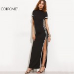 COLROVIE Women Sexy Wear Autumn Style Bodycon Dresses Black Cut Out Striped Trim Short Sleeve High Neck Split Sheath Maxi Dress