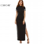 COLROVIE Women Sexy Wear Autumn Style Bodycon Dresses Black Cut Out Striped Trim Short Sleeve High Neck Split Sheath Maxi Dress