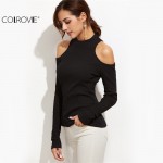 COLROVIE Women Shirts New Fashion Women T Shirt Long Sleeves T Shirts Fashion Brand Black Cold Shoulder Ribbed T-shirt 