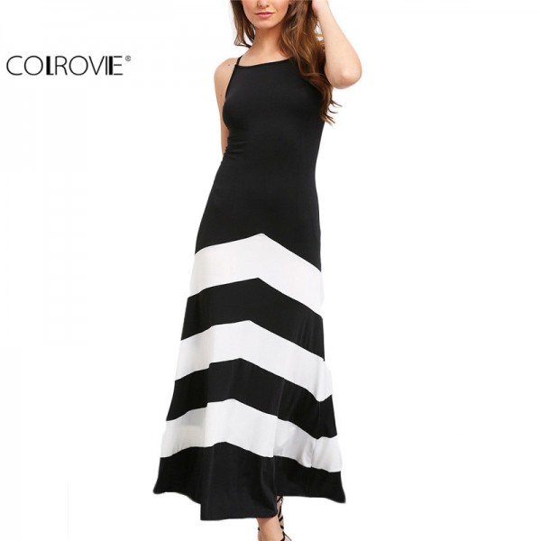 COLROVIE Women Summer Black and White Monochrome Evening Backless Sleeveless Striped A Line Ankle Length Dress 