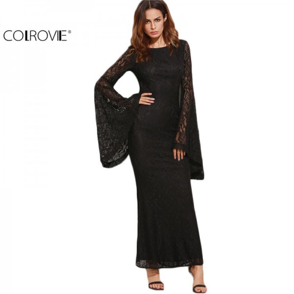 COLROVIE Womens Dresses New Arrival Slim Pencil Long Maxi Dress Black Oversized Bell Sleeve Floral Lace Dress 