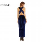 COLROVIE Womens Sexy Dresses Party Night Club Dress Elegant Dress Sexy Blue High Slit Velvet Convertible Backless Dress 