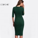 COLROVIE Work Summer Style Women Bodycon Dresses Sexy 2017 New Arrival Casual Green Crew Neck Half Sleeve Midi Dress