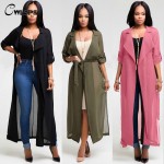 CWLSP  Red Trench Coat Womens Spring Summer Chiffon Trench Cardigan 2017 Female Notch Neck Casual Coat long duster coat QZ1793