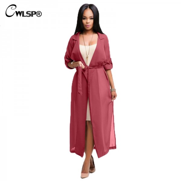 CWLSP  Red Trench Coat Womens Spring Summer Chiffon Trench Cardigan 2017 Female Notch Neck Casual Coat long duster coat QZ1793