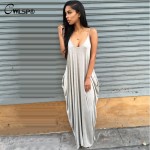 CWLSP 2017 Fashion V-Neck Dress Loose Big Swing Spaghetti Strap Long Dress Summer Backless with Pockets Maxi Dresses QL2035