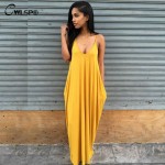 CWLSP 2017 Fashion V-Neck Dress Loose Big Swing Spaghetti Strap Long Dress Summer Backless with Pockets Maxi Dresses QL2035