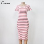 CWLSP Fashion Summer Striped Dress Women Short Sleeve O Neck Mid-Carf Bodycon Dress Side Split T Shirt Dresses Plus size 2XL