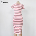 CWLSP Fashion Summer Striped Dress Women Short Sleeve O Neck Mid-Carf Bodycon Dress Side Split T Shirt Dresses Plus size 2XL