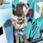 CWLSP Fashion Women Basic Coats Satin Silk Champagne Gold Bomber Jacket Back ONLY QUEEN Crown Letter Print outerwear coats 