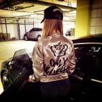 CWLSP Fashion Women Basic Coats Satin Silk Champagne Gold Bomber Jacket Back ONLY QUEEN Crown Letter Print outerwear coats 