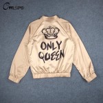 CWLSP Fashion Women Basic Coats Satin Silk Champagne Gold Bomber Jacket Back ONLY QUEEN Crown Letter Print outerwear coats 