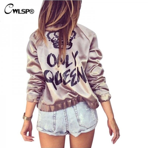 CWLSP Fashion Women Basic Coats Satin Silk Champagne Gold Bomber Jacket Back ONLY QUEEN Crown Letter Print outerwear coats 