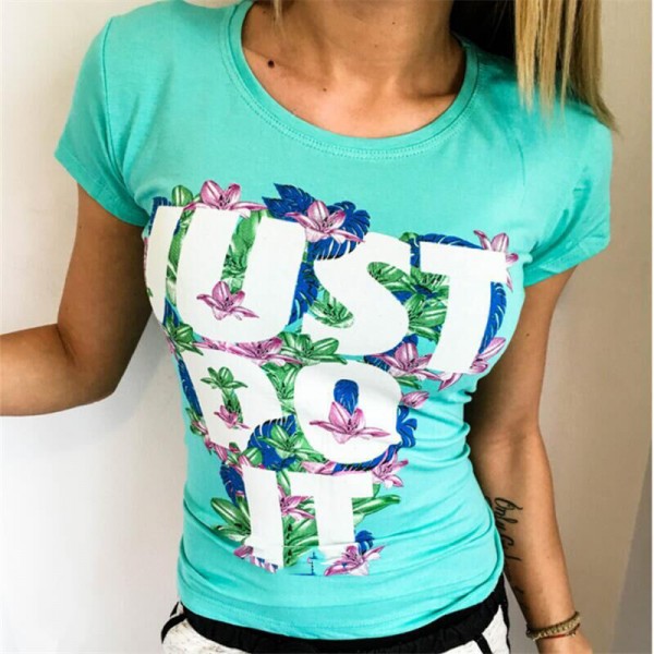 CWLSP Summer Women Letter Print JUST DO IT Tops Sky Bule White Femmes T-shirt O-neck Slim Casual T Shirts Camisetas Mujer QA976