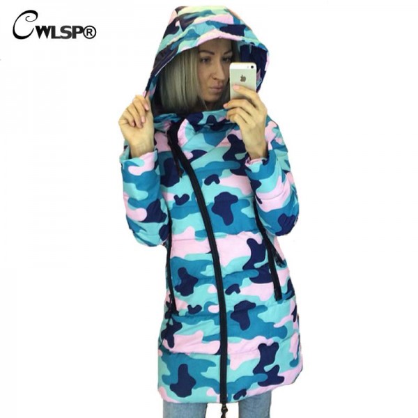 CWLSP Winter Camouflage Star Printed Warm Hooded Coat Womens Fashion Oblique Zipper Cotton Jacket Casual Padded Overcoat QZ1790