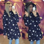 CWLSP Winter Camouflage Star Printed Warm Hooded Coat Womens Fashion Oblique Zipper Cotton Jacket Casual Padded Overcoat QZ1790