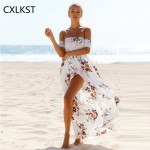 CXLKST Women Beach Summer Dresses Off Shoulder Floral Print Vintage Chiffon White Maxi Dress Vestidos Boho Style Sexy Long Dress