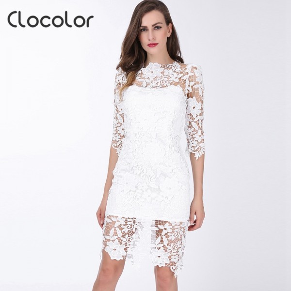 Casual 2017 Spring Autumn Lace Women Dress Sexy Hollow Out White Bodycon Dresses Half Sleeve Knee Length Elegant Party Dress