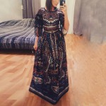 Casual Designer Dress 2017 Spring Europe New Fashion Retro Print Half Sleeve Floor-Length Slim Black Long Dress