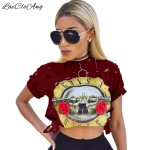 Casual Sexy Hole Female T-Shirt New GUNS N ROSES Print Crop Top T Shirt Cropped Tops Hollow Out Short Sleeve Tee Shirt Women