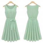 Casual Summer Classic Pleated Women Chiffon Dress Brief Style Elegant Sleeveless Dresses E465