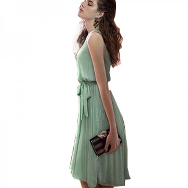 Casual Summer Classic Pleated Women Chiffon Dress Brief Style Elegant Sleeveless Dresses E465