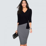 Casual Wear To Work Sheath Slim Bodycon Office Lady Dress Spring Autumn Women Elegant V Neck Patchwork Pencil Dress HB333