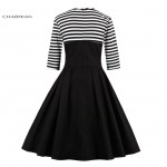 Charmian Summer Pleated Dress Women's Stripes Patchwork Vintage Dress Half Sleeves Casual Party Autumn Swing Dress Vestidos