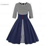 Charmian Summer Pleated Dress Women's Stripes Patchwork Vintage Dress Half Sleeves Casual Party Autumn Swing Dress Vestidos