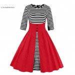 Charmian Summer Pleated Dress Women's Stripes Patchwork Vintage Dress Half Sleeves Casual Party Autumn Swing Dress Vestidos