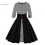 Charmian Summer Pleated Dress Women's Stripes Patchwork Vintage Dress Half Sleeves Casual Party Autumn Swing Dress Vestidos