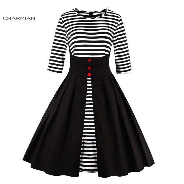 Charmian Summer Pleated Dress Women's Stripes Patchwork Vintage Dress Half Sleeves Casual Party Autumn Swing Dress Vestidos