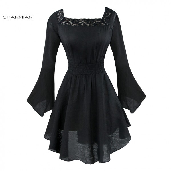 Charmian Women's Autumn Dress Victorian Gothic  Dress Casual Long Flare Sleeve Lace Dress Short Tunic Dress Vestidos