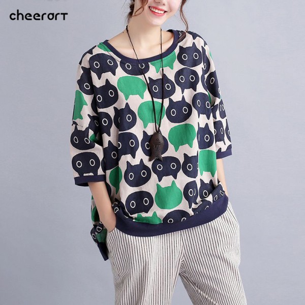 Cheerart Plus Size T Shirt Women Loose Cartoon Pattern Print Linen Cotton Korean Fashion Tops Autumn Tee Shirt Femme Clothing