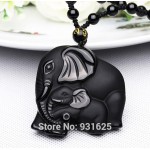 Chinese Handwork Natural Black Obsidian Carved Mother Baby Cute Elephant Amulet Lucky Pendant Necklace Fashion Jewelry