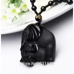 Chinese Handwork Natural Black Obsidian Carved Mother Baby Cute Elephant Amulet Lucky Pendant Necklace Fashion Jewelry