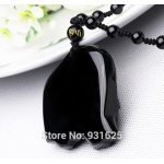 Chinese Handwork Natural Black Obsidian Carved Mother Baby Cute Elephant Amulet Lucky Pendant Necklace Fashion Jewelry