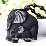 Chinese Handwork Natural Black Obsidian Carved Mother Baby Cute Elephant Amulet Lucky Pendant Necklace Fashion Jewelry