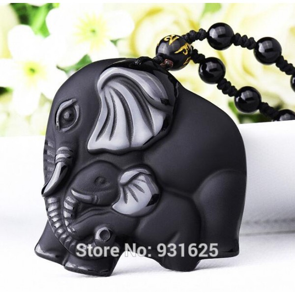 Chinese Handwork Natural Black Obsidian Carved Mother Baby Cute Elephant Amulet Lucky Pendant Necklace Fashion Jewelry