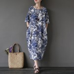 Chinese style Flower Print Plus size Women Dress Loose Casual Oversized Summer Dress Robe Femme Linen Cotton Long Dresses A002