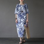 Chinese style Flower Print Plus size Women Dress Loose Casual Oversized Summer Dress Robe Femme Linen Cotton Long Dresses A002