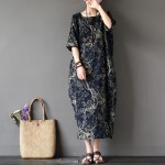 Chinese style Flower Print Plus size Women Dress Loose Casual Oversized Summer Dress Robe Femme Linen Cotton Long Dresses A002