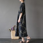 Chinese style Flower Print Plus size Women Dress Loose Casual Oversized Summer Dress Robe Femme Linen Cotton Long Dresses A002